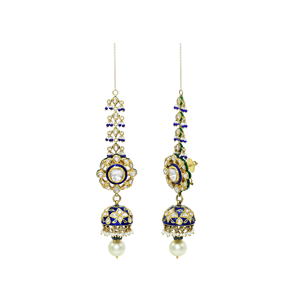 Blue Meenakari Jhumki Earrings with Polki and Pearl Drops